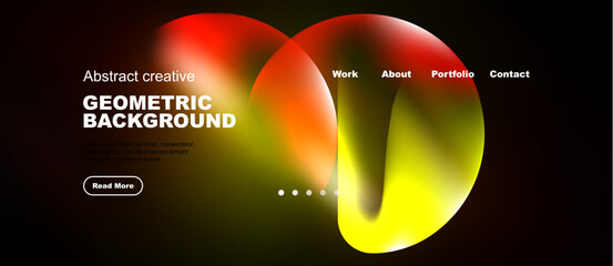 Naklejka premium Abstract geometric background features vibrant overlapping circles. Text elements include work, about, portfolio, contact options. Dark backdrop enhances color contrast.