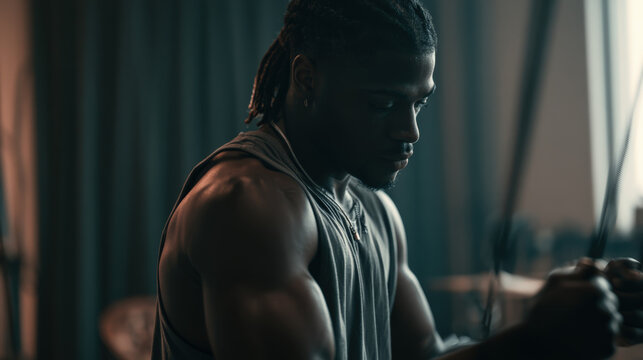 Dense shadows frame a focused, muscular man