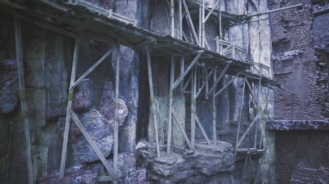 Small refuge tucked behind wooden scaffolding, murky violet haze, damp textures and makeshift repairs, sense of endurance and quiet concealment against elements