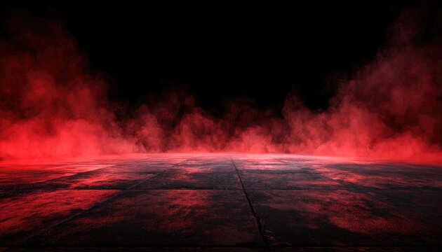 Red mist rises from a dark, textured ground, creating an ominous, atmospheric scene