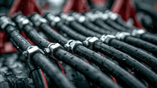 Row of black hoses with metal fittings, wet from rain