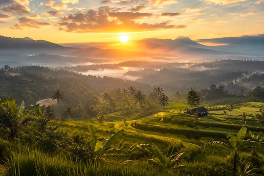 Golden sunrise over lush green rice terraces and misty mountains, a serene tropical landscape.