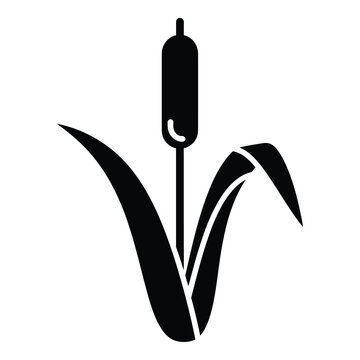 Black and white illustration of cattail plant with leaves and seed head icon