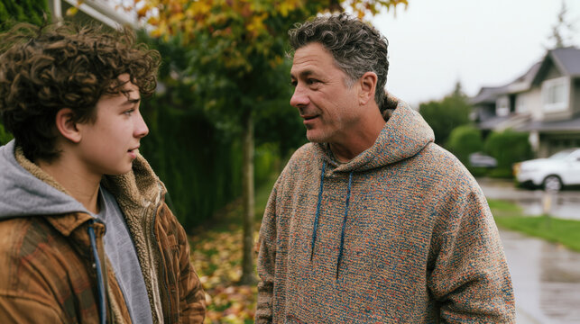 Two people converse outdoors, raindrops visible on the ground