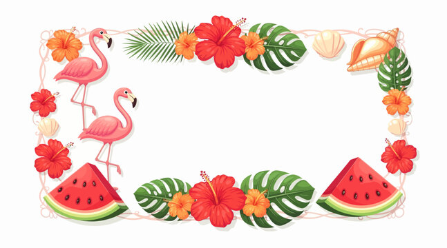 Tropical summer frame with flamingos and fruits