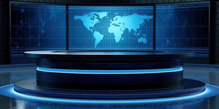A futuristic news desk is lit by blue neon against a world map backdrop