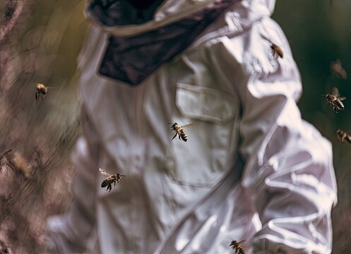 Beekeeper in protective suit surrounded by buzzing bees in flight