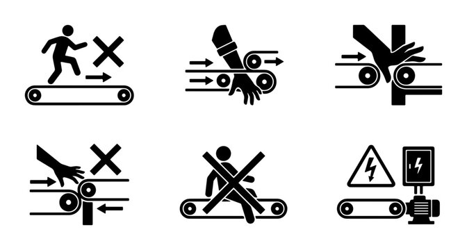 Conveyor Belt Safety Icons: Warning, Danger, Prohibition, Electrical Hazard Symbols