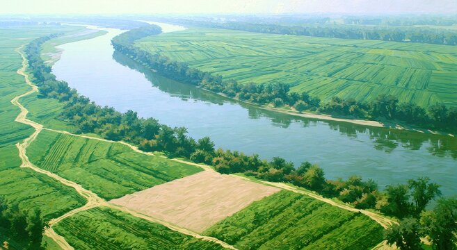 Wide river meanders through fertile green fields and trees under a bright sky