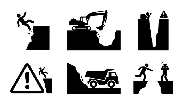 Construction Site Safety Icons: Falling Hazard, Excavator, Cliff Danger, Warning Sign, Dump Truck, Person Falling