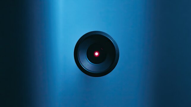 Close-up of a dark circular object with a bright red light in the center