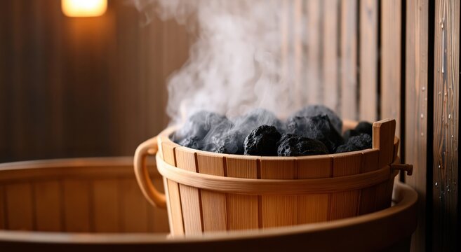 Sauna wooden bucket with hot stones and steam for spa relaxation and wellness heat