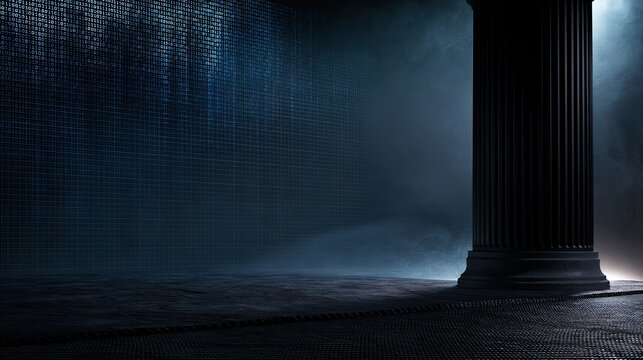 Dark, moody scene with a fluted column and digital rain effect