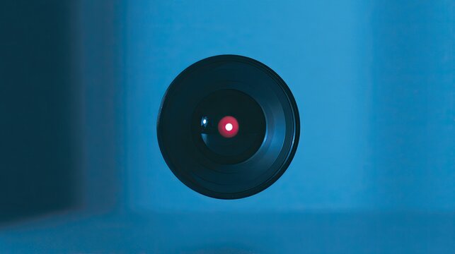 Dark circular object with bright red center floats in blue space