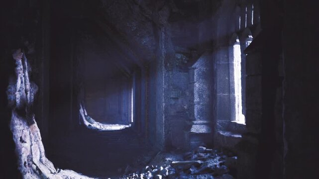 Historic hall with broken mosaics. Ancient courtyard lit by slender openings with debris. Timeworn atrium featuring mosaic pieces and archaeological discoveries