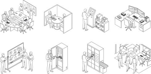Obraz premium Isometric vector illustrations of modern office workplace scenes including meetings, collaboration, data analysis, and maintenance