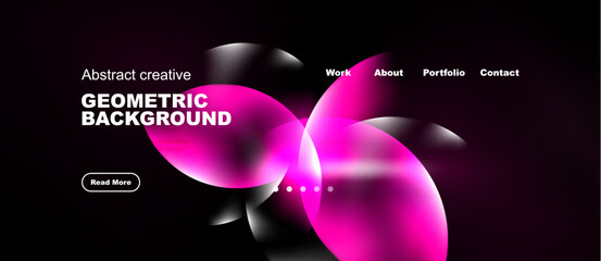 Naklejka premium Dark background features vibrant pink geometric shapes. Website header includes navigation options, text elements. Modern design.