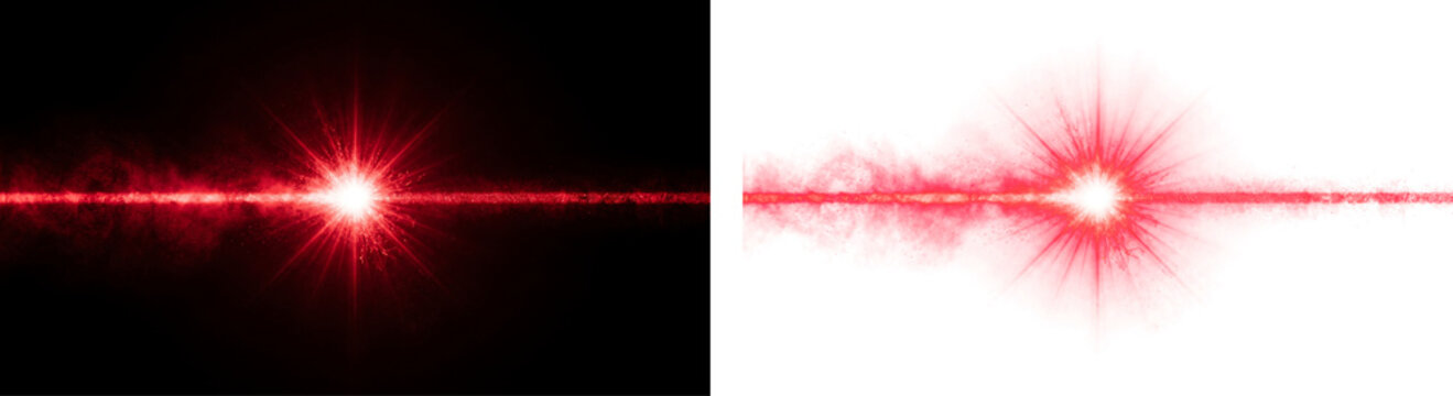 Red laser beam and starburst effect on black background and on transparent background, vibrant light, scientific, futuristic, glowing lines