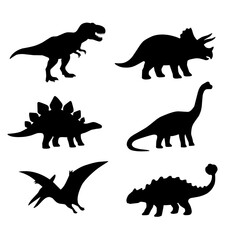 Collection of dinosaur silhouette icons including Tyrannosaurus rex, Triceratops, Stegosaurus, Brachiosaurus, Pteranodon, and Ankylosaurus isolated on white background © Tricreative Project