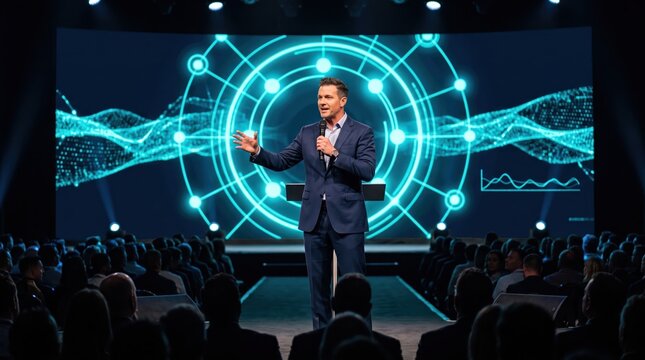 Male executive delivering keynote presentation on stage before seated audience with futuristic digital data visualization backdrop conveying technology and leadership insights in professional setting