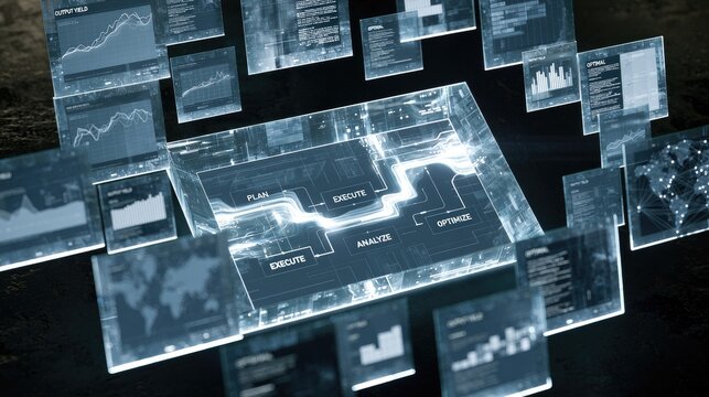 Futuristic interface with flowing data streams and digital process visualization
