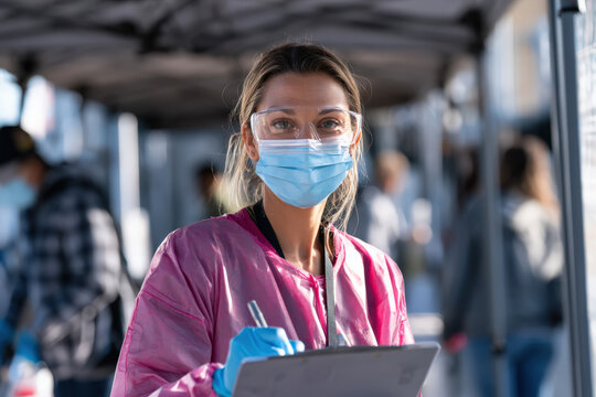 Health worker wears mask and gloves, focused on task