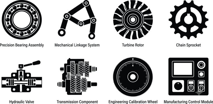 Vector silhouette illustrations of mechanical and engineering components including bearings, linkages, turbines, sprockets, and valves