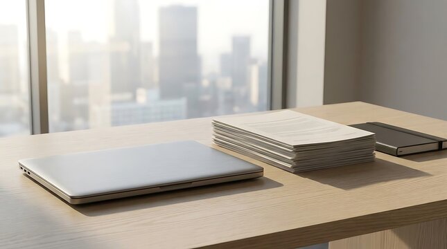 Closed laptop notebook and stack of paper on desk near window with city view