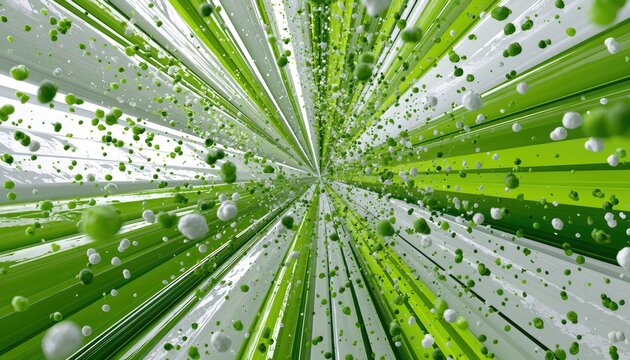 Abstract explosion of white and green spheres radiating from a central point
