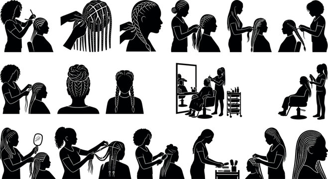 Set of silhouettes of a hairdresser braiding hair for a client