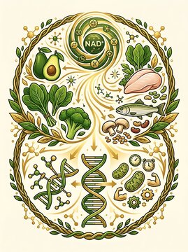Infographic of food sources boosting nad plus and cellular vitality