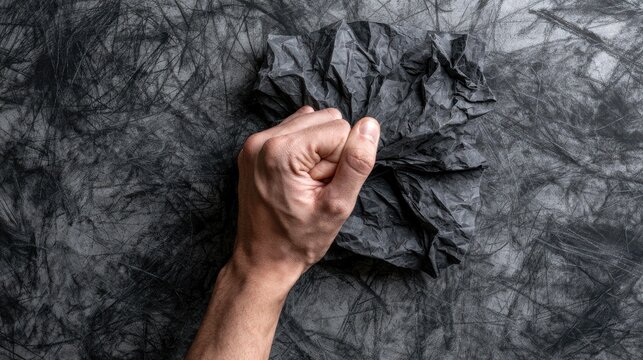 A hand squeezes crumpled black paper on a textured dark background