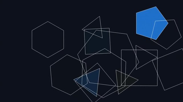 Abstract background with various geometric shapes including hexagons, squares, triangles, and a prominent blue pentagon on a dark backdrop.