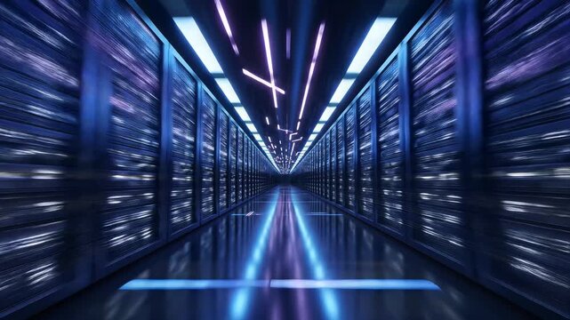 Modern data center server room with rows of server racks and blue led lighting