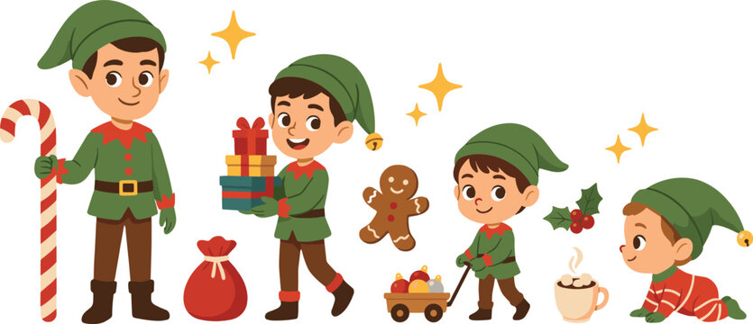 Cute Christmas Elf Boy Vector Character Set Showing Growth Stages From Baby To Toddler Holding Candy Cane Gift Boxes Wagon And Holiday Treats