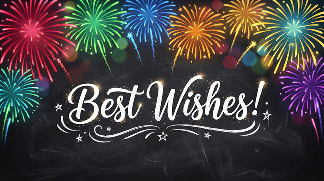 Colorful Fireworks Explosions with Best Wishes Message on Black Background with White Text and Sparkles