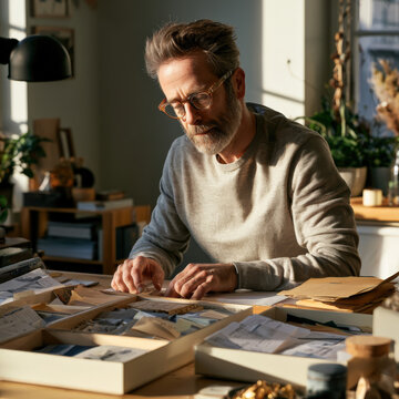Man with glasses and beard focuses on papers