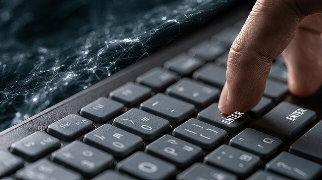 Close-up of finger pressing "Enter" key on a keyboard, with network lines
