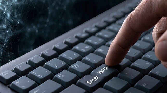 Finger presses Enter key on keyboard, digital network background