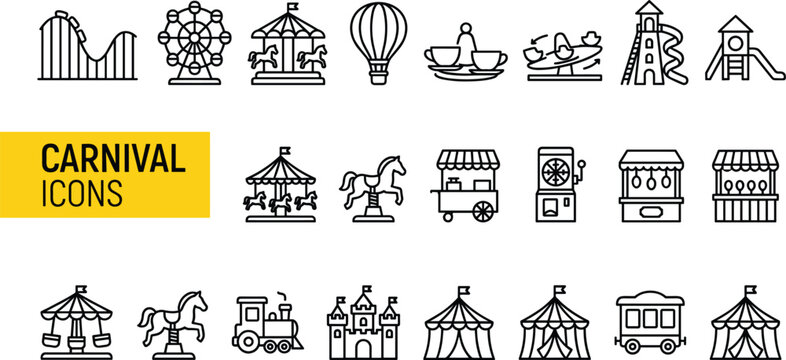 Amusement park and carnival icon vector set featuring roller coaster ferris wheel carousel tent and fairground attractions