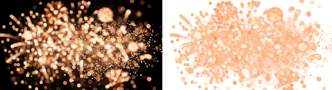 Abstract fireworks explosion on a dark background, bright glow with sparkling light and glitter dust, festive celebration scene