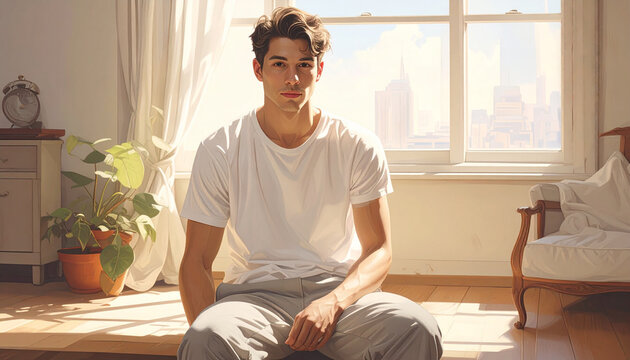 Man posing sunny interior
