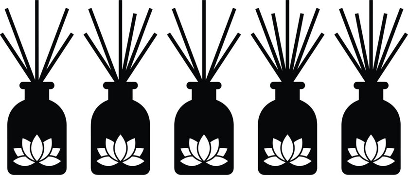 Aroma reed diffuser bottle black silhouette vector set with lotus flower emblems and fragrance sticks for spa wellness branding