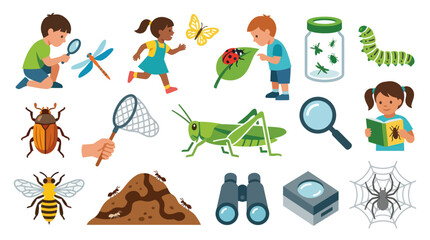 Fototapeta premium Children Studying Insects and Bugs in Nature - Flat Illustration Set for Education and Childhood