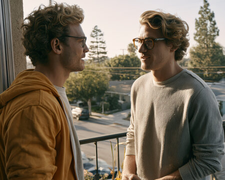 Two men stand on a sunlit balcony, facing each other