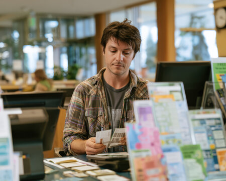 Man focuses on cards at a cluttered desk