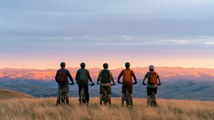 Fototapeta premium Biking group of mountain cyclist friends enjoying a sunset landscape cycling adventure