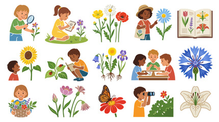 Obraz premium Children Discovering Nature, Studying Flowers and Plants with Magnifying Glass, Book