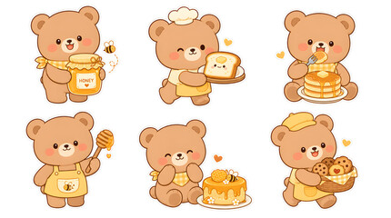 Obraz premium Adorable Bear Illustrations: A collection of six charming cartoon bears, each engaged in honey-related activities, from holding a honey jar and a honey dipper to serving pancakes and cakes.