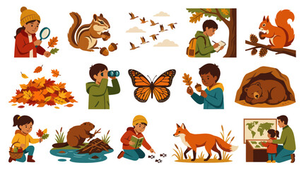 Fototapeta premium Flat Illustration of Kids Exploring Nature and Wildlife in Autumn, Learning Outdoors